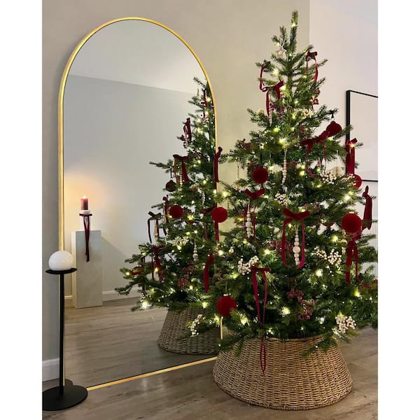 Sxiawe 32 in. W x 71.1 in. H Arched Gold Aluminum Frame Oversized Classic Wall Mount Floor Mirror