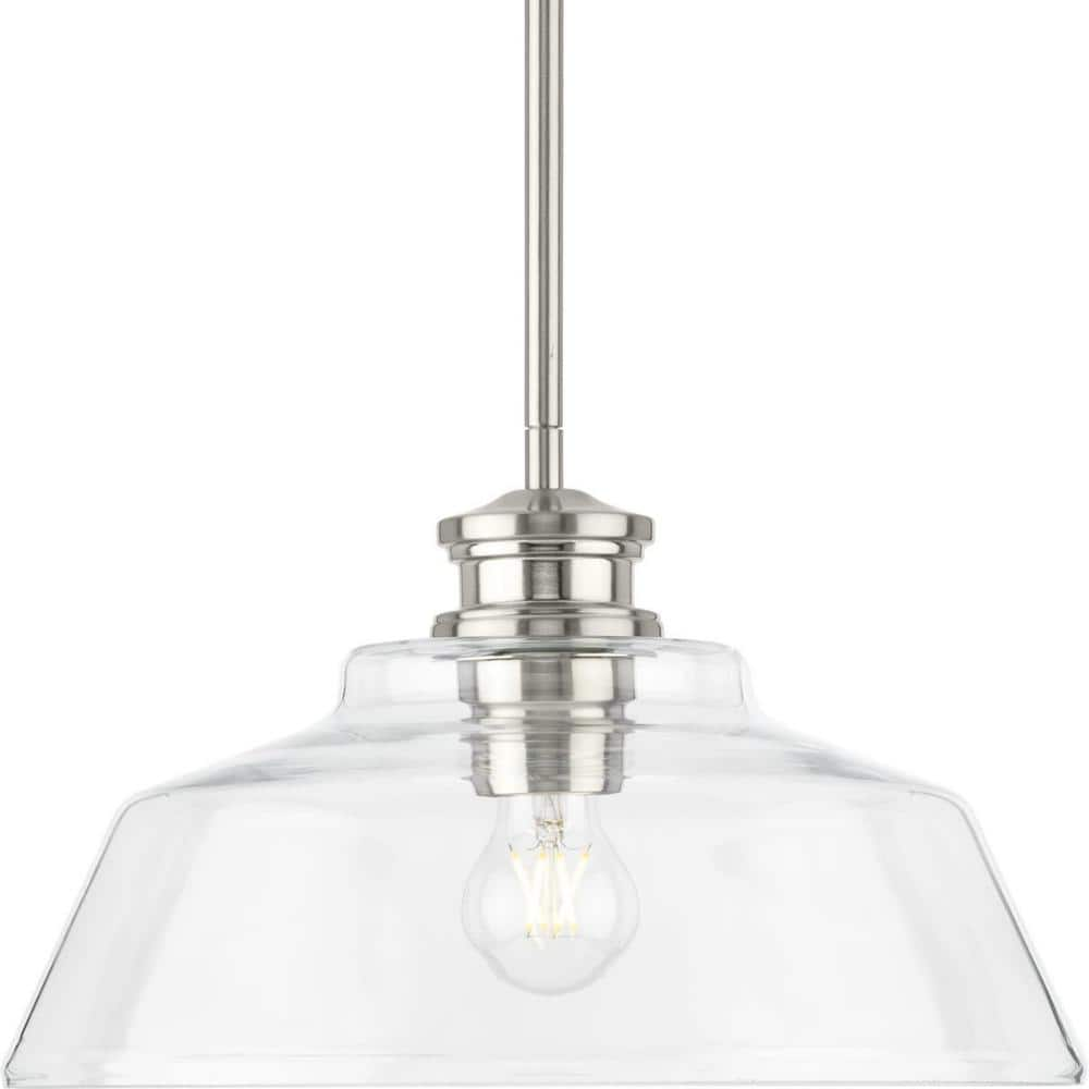 Singleton Collection One-Light 14  Brushed Nickel Farmhouse Medium Pendant Light with Clear Glass Shade