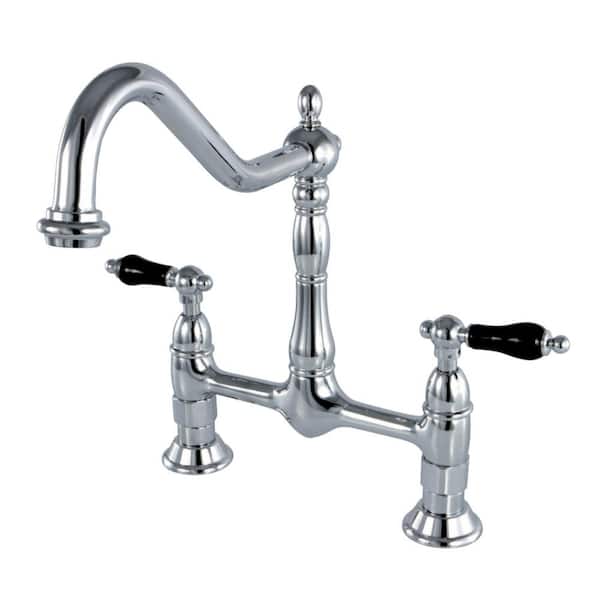 Kingston Brass Heritage 2-Handle Bridge Kitchen Faucet with Black Porcelain Handles in Chrome