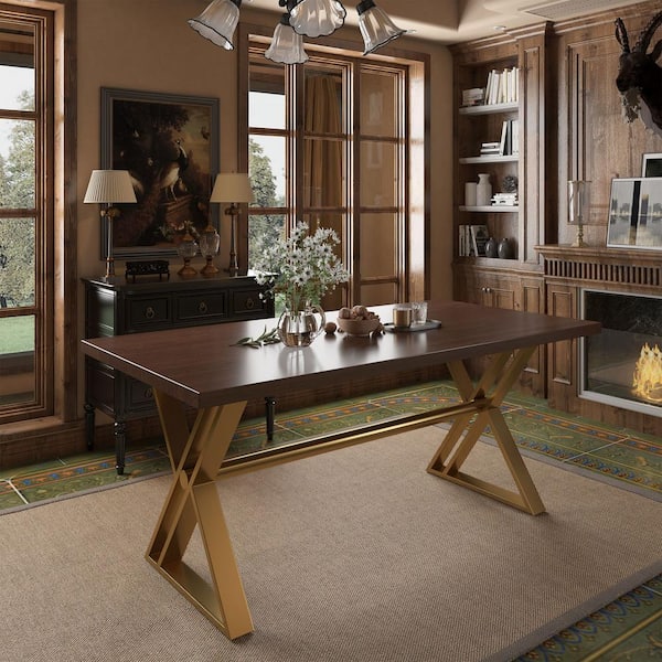 Clihome Walnut Wood Top 71 in. Pedestal Dining Table with X-Shape Stainless Steel (Seat of 6 to 8)