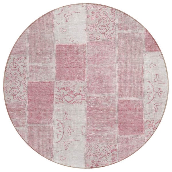 Pink, Blush, Ivory 8 ft. Round Woven Plaid Polyester Round Indoor/Outdoor Area Rug