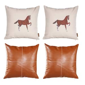 Country Embroidered Horse Boho Set of 4 Throw Pillow Cover 18" x 18" Vegan Faux Leather Solid Beige & Brown Square