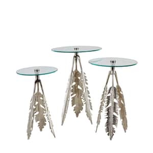 16 in. Silver Leaf Round Glass and Metal End Table with Tripod Legs and Tempered Glass Top (3-Pieces)
