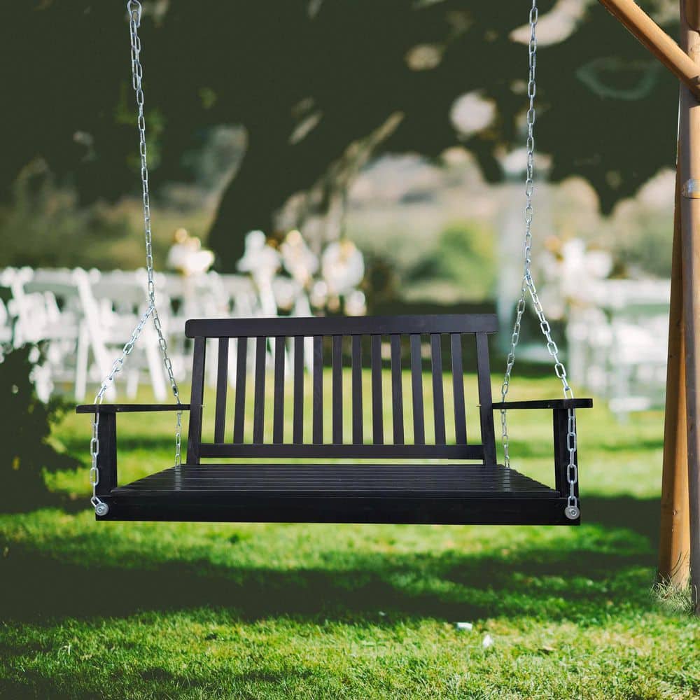 2-Person Black Fir Wood Porch Swing with Armrests and Hanging Chains for Ou