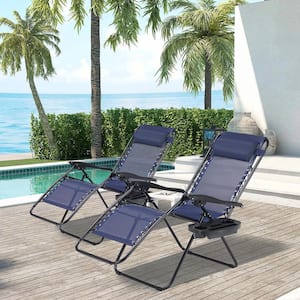 Blue Folding Zero Gravity Metal Steel Outdoor Patio Sling Chaise Lounge Chair with Headrest (Set of 2)