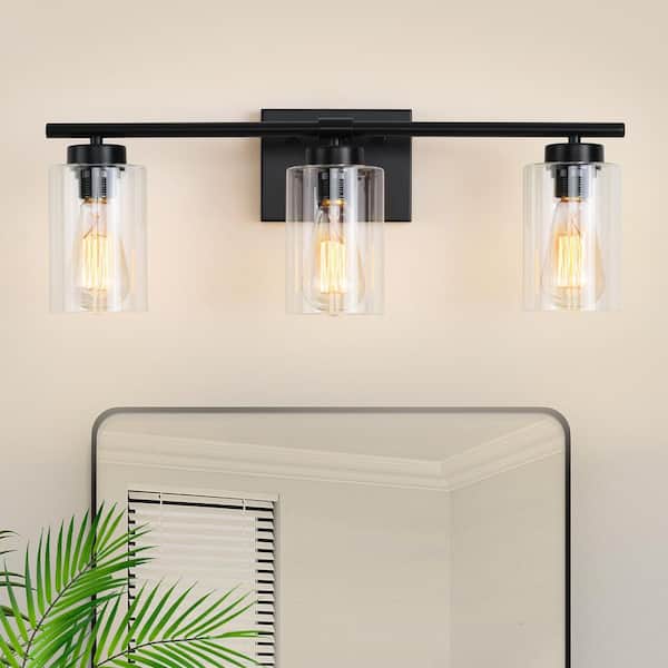 22.8 in. 3-Light Black Vanity Light with Clear Glass Shade