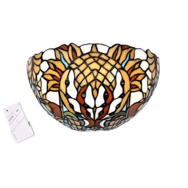 It's Exciting Lighting Wall Mount Stained Glass Half Moon Southwestern Thunderbird Battery Operated 7 LED Sconce