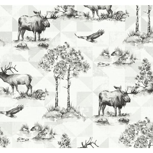 Seabrook Designs 60.75 Sq. Ft. Off-White and Charcoal Alaska Moose Unpasted Wallpaper Roll