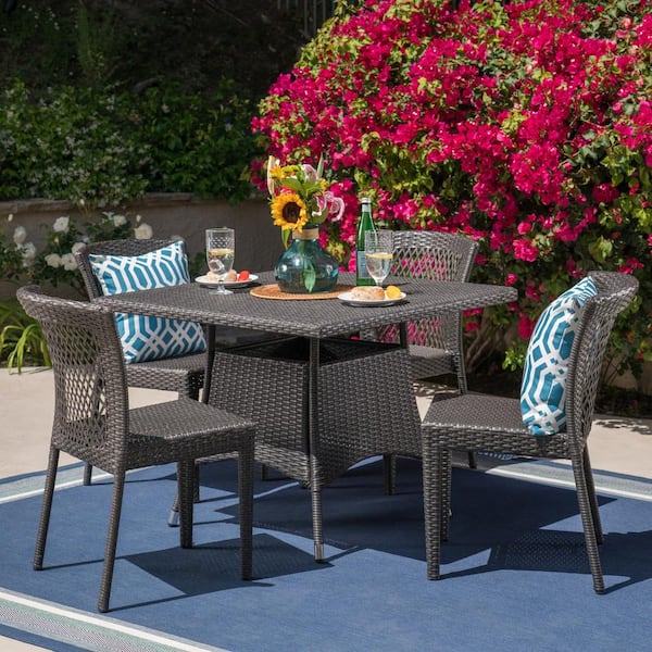Noble House Watkins Gray 5-Piece Faux Rattan Outdoor Dining Set