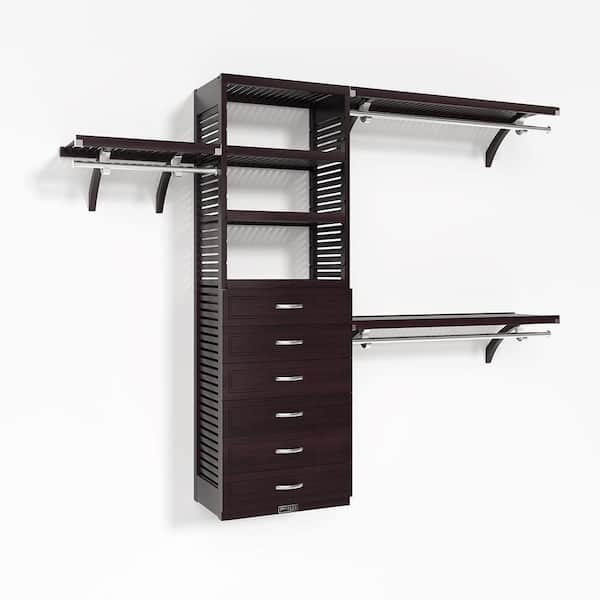72 in. W-120 in. W Espresso Walk in with 6 Drawers 16 in.-Shelf Wood Closet System