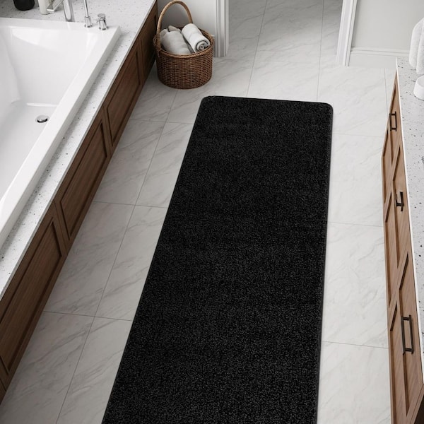 Silky Black 2 ft. x 7 ft. Solid Plus Thick Pile Non Slip Easy Clean Non Shedding Modern Runner Indoor Area Rug