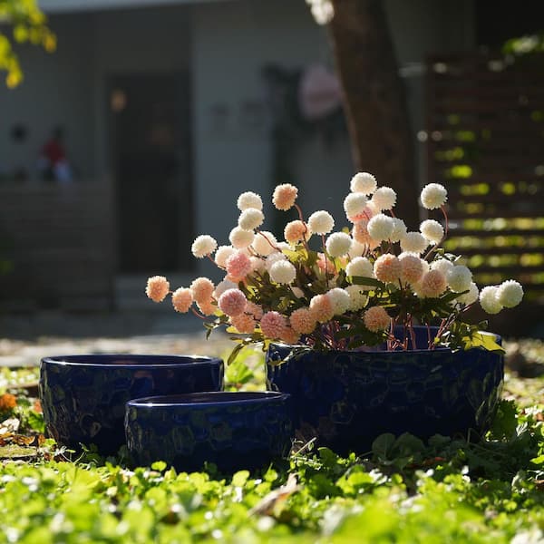 Set of 3 7.5 in. Antique Blue Ceramic Flowerpot-Round Modern Planter with Drainage Hole, Frost and Weather Resistant