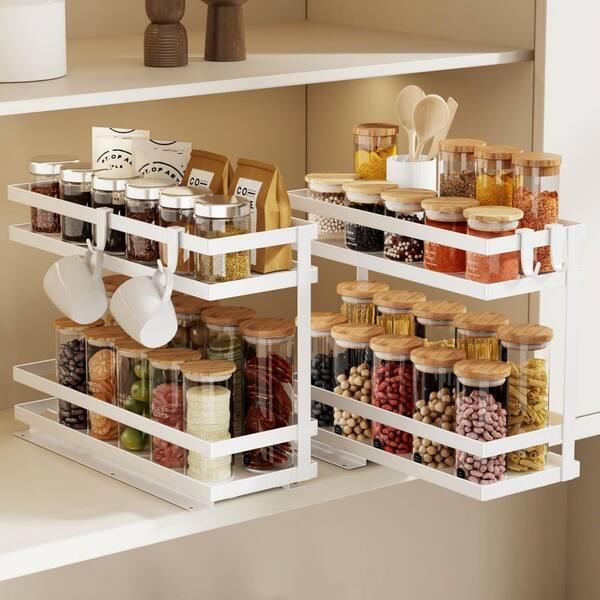 2 Shelf White Slide Out Cabinet Spice Rack Metal Pull Out Storage Organizer Vertical Mount 2 Pack
