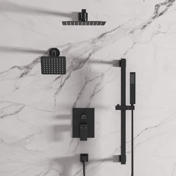 3-Spray 10 and 6 in. Wall Mount Dual Shower Heads and Handheld Shower Head in Matte Black (Valve Included)