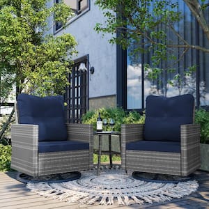 3-Peice Gray Wicker Outdoor Rocking Chair Swivel Chair with Navy Blue Cushions and Table