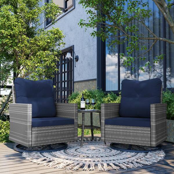 UPHA 3-Peice Gray Wicker Outdoor Rocking Chair Swivel Chair with Navy Blue Cushions and Table