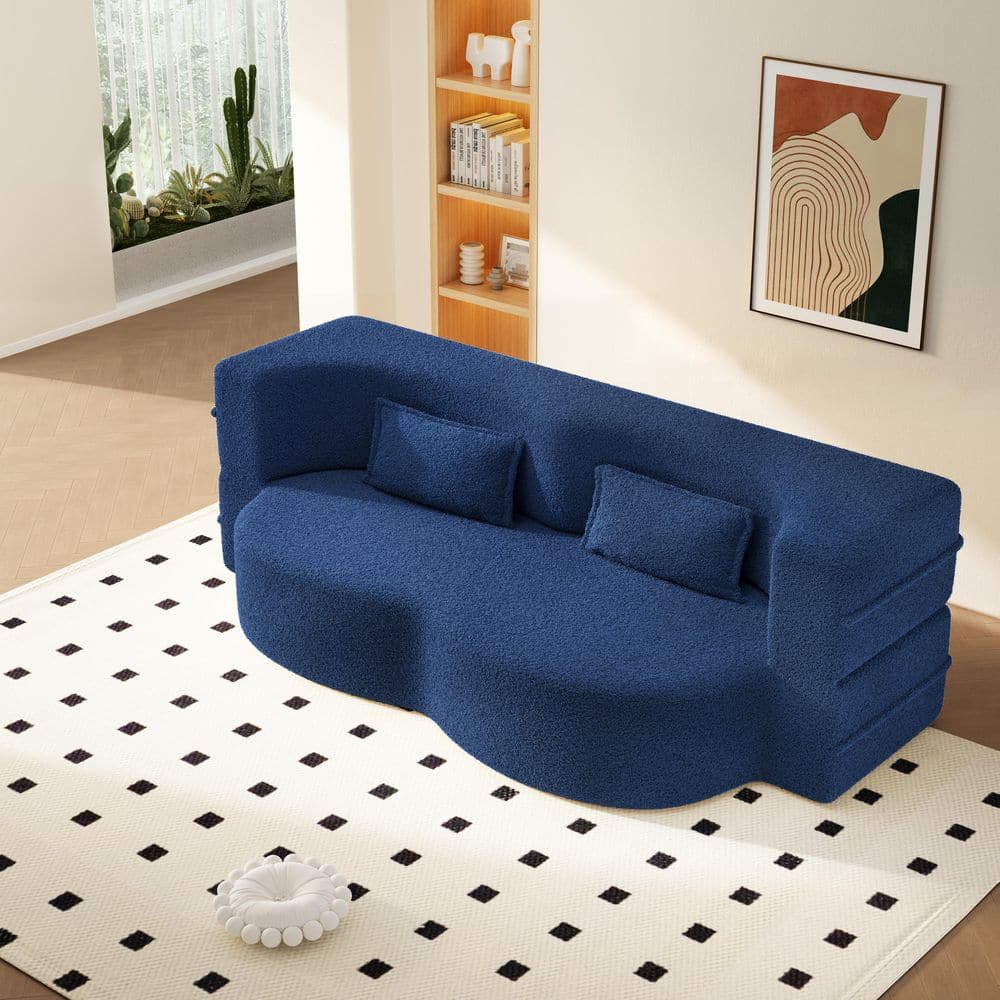 Convertible 78 in. Blue Teddy Fabric Twin Size Foam-Filled Sofa Bed with 2 Pillows, No Assembly Required price history on PriceWatchPro