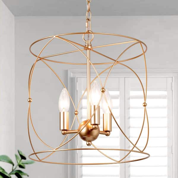 Uolfin Transitional Dining Room Drum Chandelier 3-Light Brass Gold Mid-Century Cylinder Hanging Pendant Light for Living Room