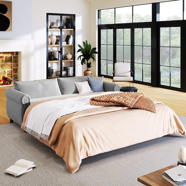 Harper & Bright Designs Gray 2-in-1 80.1 Queen Size Polyester Sleeper Sofa Bed with Large Mattress (6 3 x 70.9 x 3.3 in)
