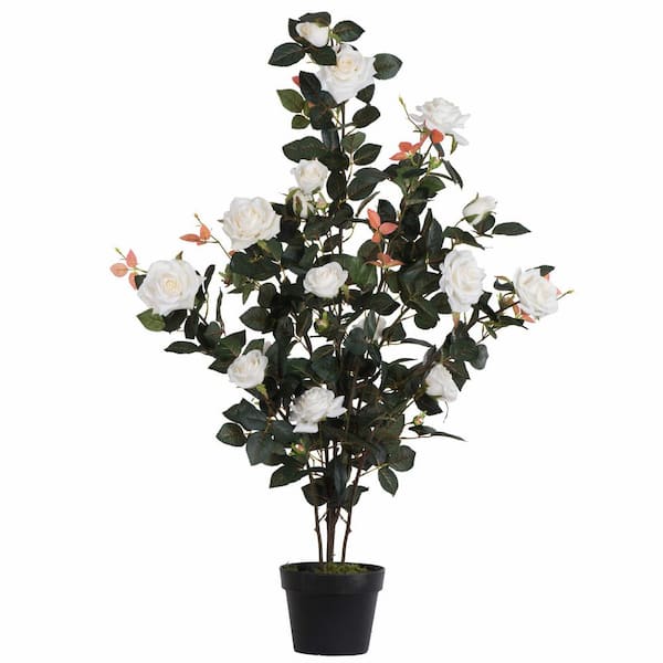 Vickerman 45 in. Artificial White Rose Plant in Pot.
