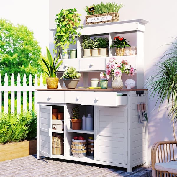 Unbranded 50 in. W x 20 in. D x 65 in. H White Wooden Garden Potting Bench Table with 3 Shelves, 6 Drawers, 2 Bottom Cabinets