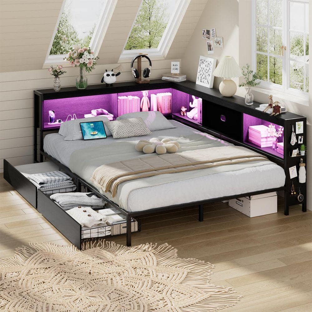 Corner Platform Lusimo Black Metal Frame LED Full Size Corner Platform Bed with ...