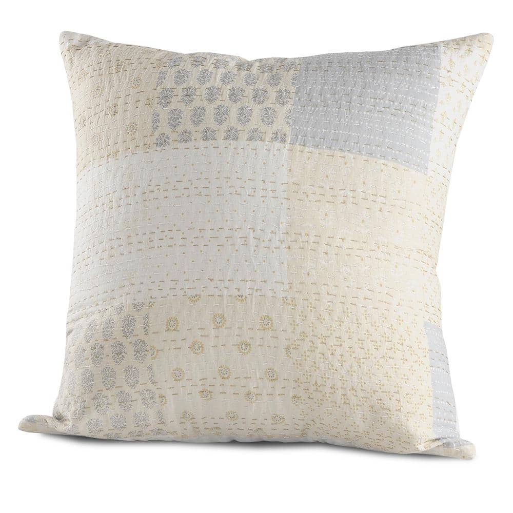 Gray and Cream Patchwork Cotton Silk Throw Pillow