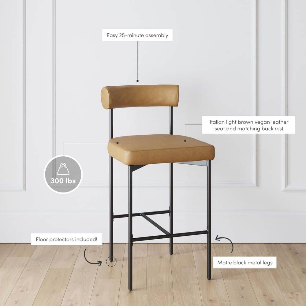 Dahlia Light Brown Leather Counter Height Barstool with Matte Black Metal Legs