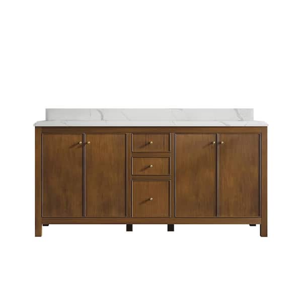 Willow Collections Chicago Teak 72 in. W x 22 in. D x 36 in. H Double Sink Bath Vanity in Dark Natural with 1.5" Calacatta Laza Qt. Top