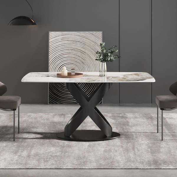 Magic Home 63 in. Pandora Pattern Rectangle Sintered Stone Top Pedestal Black Carbon Steel Base Dining Table (Seats 6)