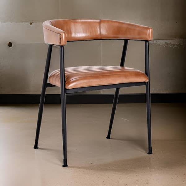 Benjara Brown and Black Leather Metal Frame Dining Chair