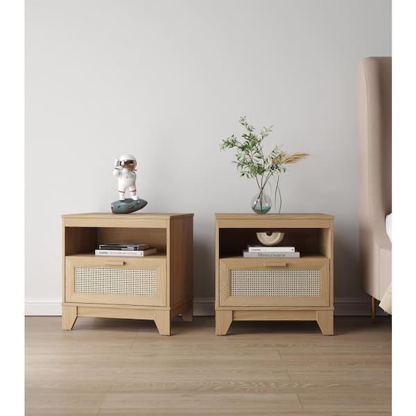 Manhattan Comfort Sheridan Nature 1-Drawer 21.63 in. W Mid-Century Modern Cane Nightstand (Set of 2)