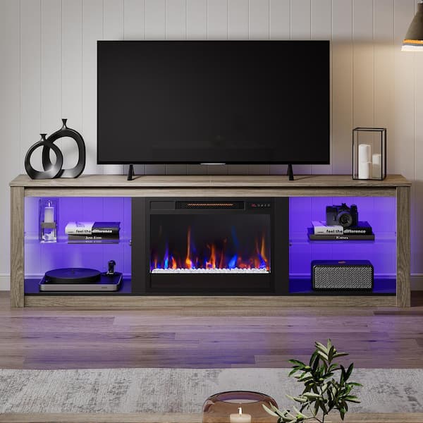 Bestier 71 in. Freestanding Electric Fireplace TV Stand with Adjustable Shelves in Wash Grey