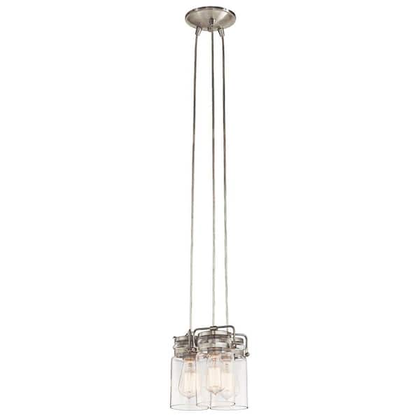 KICHLER Brinley 3-Light Brushed Nickel Vintage Industrial Shaded Kitchen Pendant Hanging Light with Clear Glass