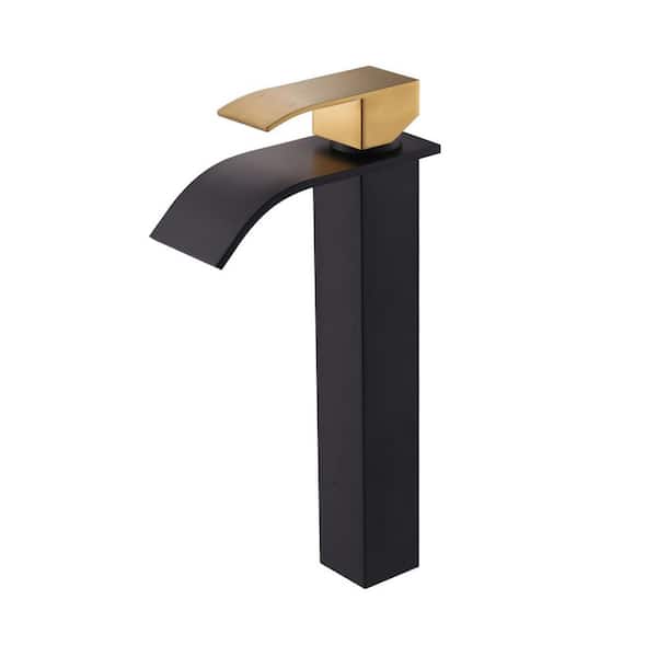 Waterfall Single Hole Single Handle Tall Bathroom Sink Faucet with Supply Hose and Pop-up Drain in Black and Gold