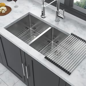 30 in. Undermount Double Bowl(50/50) 16-Gauge Brushed Nickel Stainless Steel Kitchen Sink with Bottom Grids