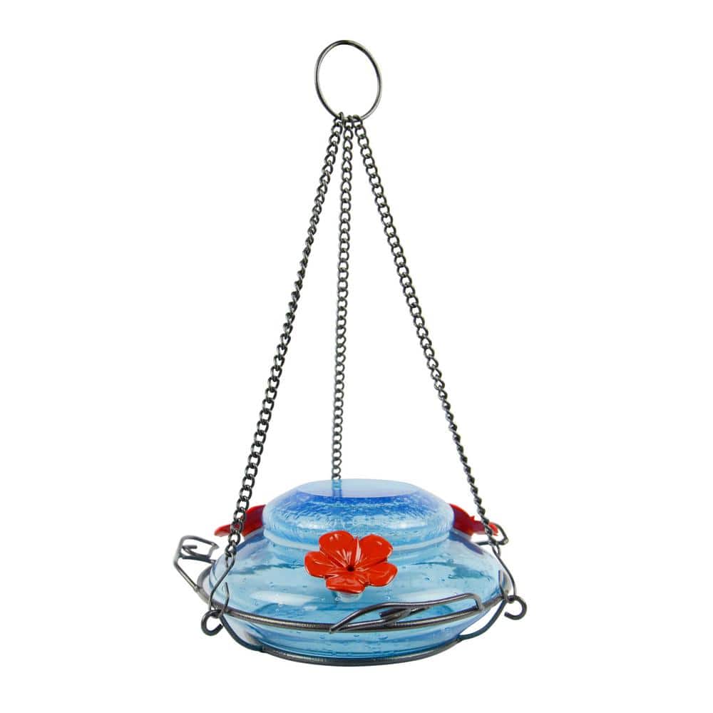 Hand Blown Blue Glass Hanging Hummingbird Feeder, 16 oz