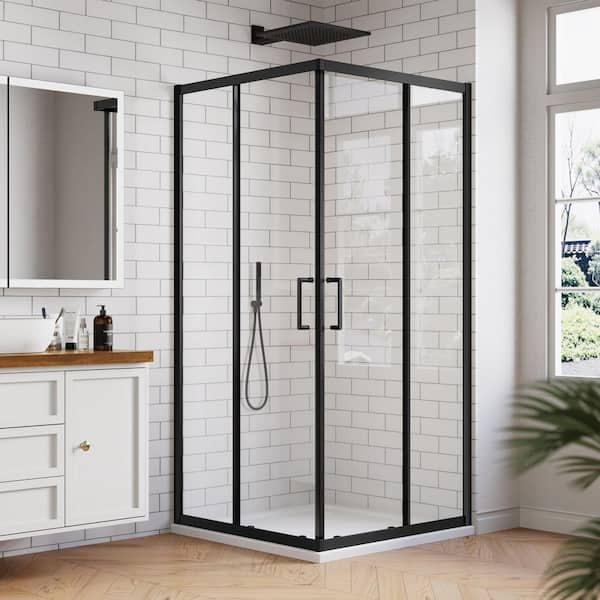 36 in. W x 72 in. H Square Double Sliding Framed Corner Shower Enclosure in Matte Black with 1/4 in. Clear Glass