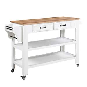 White Solid Wood Natural Top Rolling 2-sided 20 in. Kitchen Island on Wheels with Drawers and Shelves
