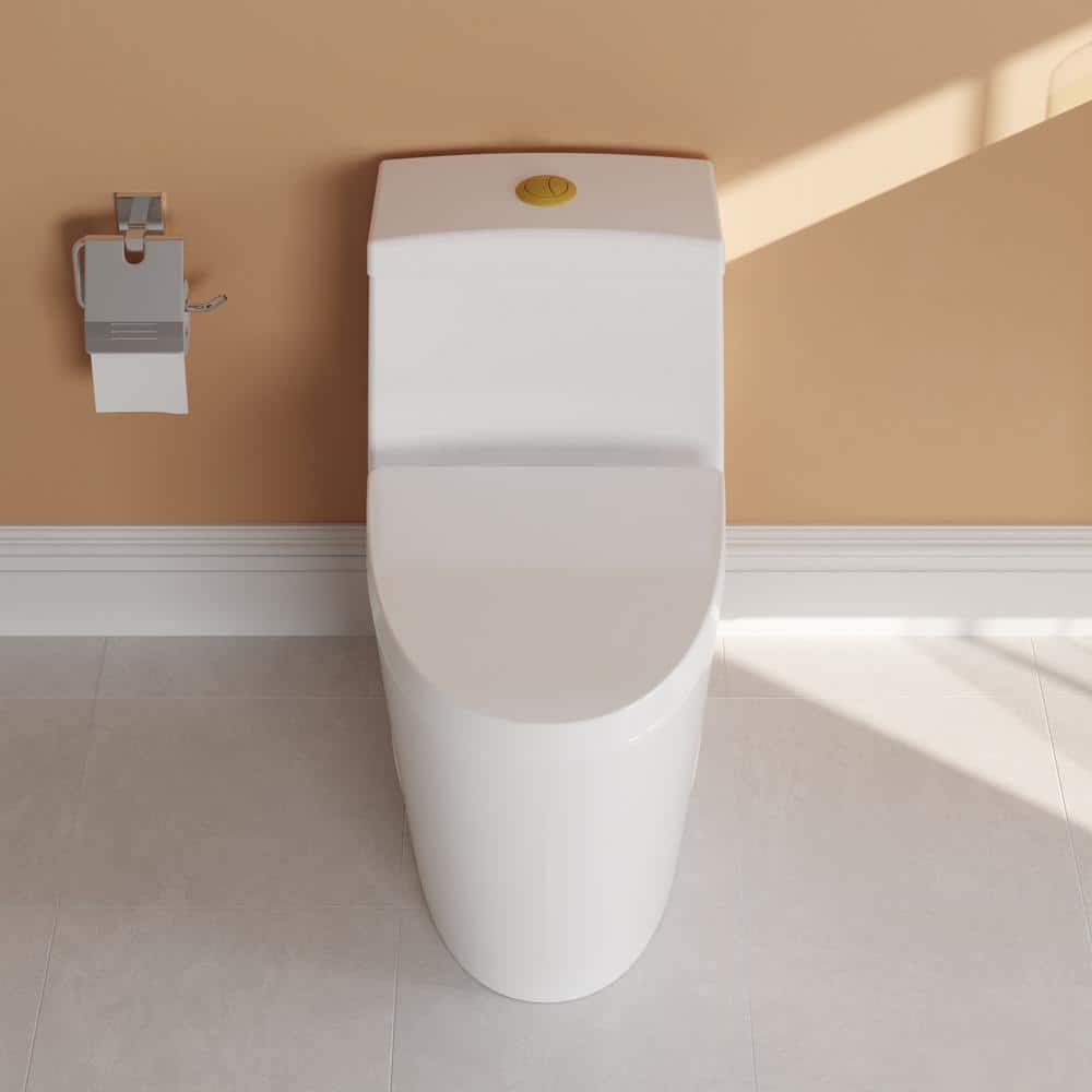 White and Gold Dual-Flush Elongated One-Piece Toilet