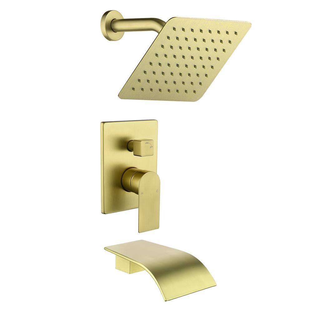 Single-Handle 2-Spray Square Shower Faucet with Tub waterfall Spout in Brushed Gold Valve Included price history on PriceWatchPro