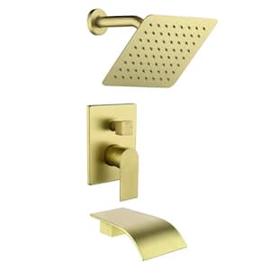 Single-Handle 2-Spray Square Shower Faucet with Tub waterfall Spout in Brushed Gold Valve Included