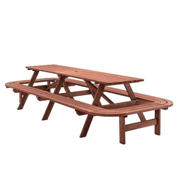 50.4 in. Brown Rectangle Wood Picnic Table Seats 14-16 People with Umbrella Hole for Outdoor Patio Garden Backyard