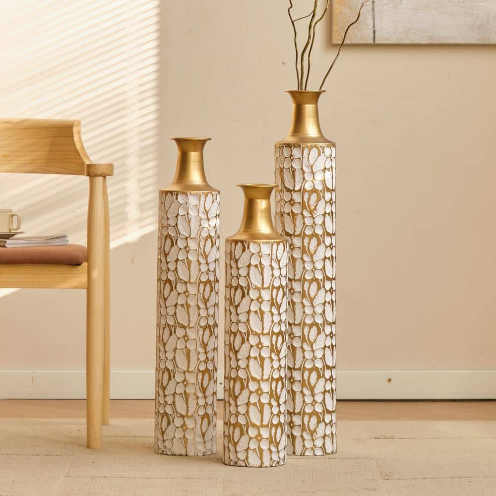 Clarissa 32.3 in., 28 in., 24 in. Tall Antique White Metal Cylinder Decorative Vases with Gold Leaf Pattern (Set of 3) price history on PriceWatchPro