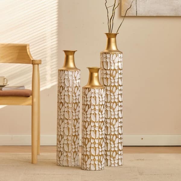 Clarissa 32.3 in. 28 in. 24 in. Tall Antique White Metal Cylinder Decorative Vases with Gold Leaf Pattern (Set of 3)
