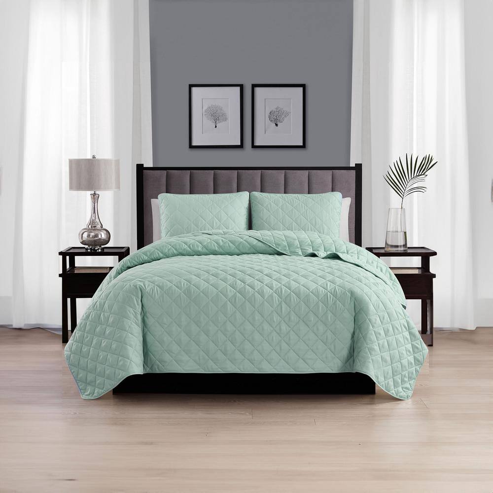 Sage Green Microfiber Diamond Stitched Full Quilt Set