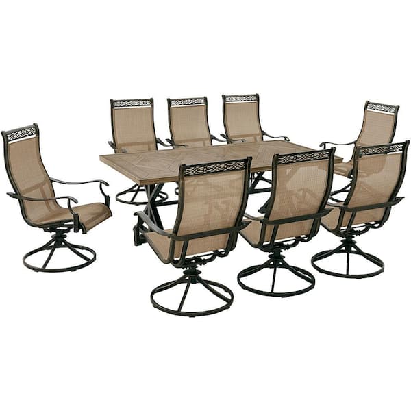 Hanover Manor Farmhouse 9-Piece Aluminum Outdoor Dining Set, 8 Rocker Chair & 42 in. x 80 in. Trestle Table, Bronze, All-Weather