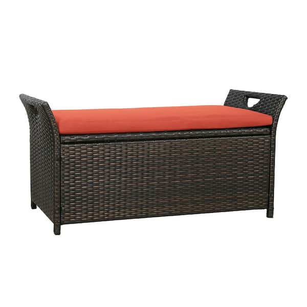 ULAX FURNITURE 40 Gal. Wicker Outdoor Storage Bench with Red Cushion