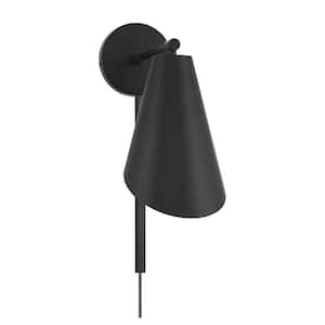 6 in. W x 12.5 in. H 1-Light Matte Black Wall Sconce with Metal Shade and Included Cord/Plug