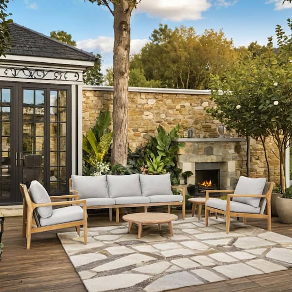 Spring 5-Piece Acacia Wood Patio Conversation Set With Gray Cushions